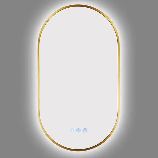 900x500MM BRUSHED BRASS FRAME OVAL BACKLIT LED MIRROR WITH MOTION SENSOR | DEFOGGER | 3 COLOURS LIGHTS