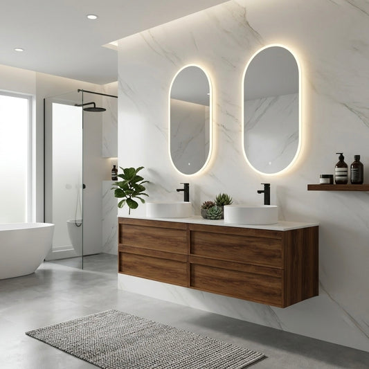 ASPEN WALNUT WALL HUNG VANITY 1500MM DOUBLE | 4 DRAWERS, PLYWOOD FLOATING VANITY NZ