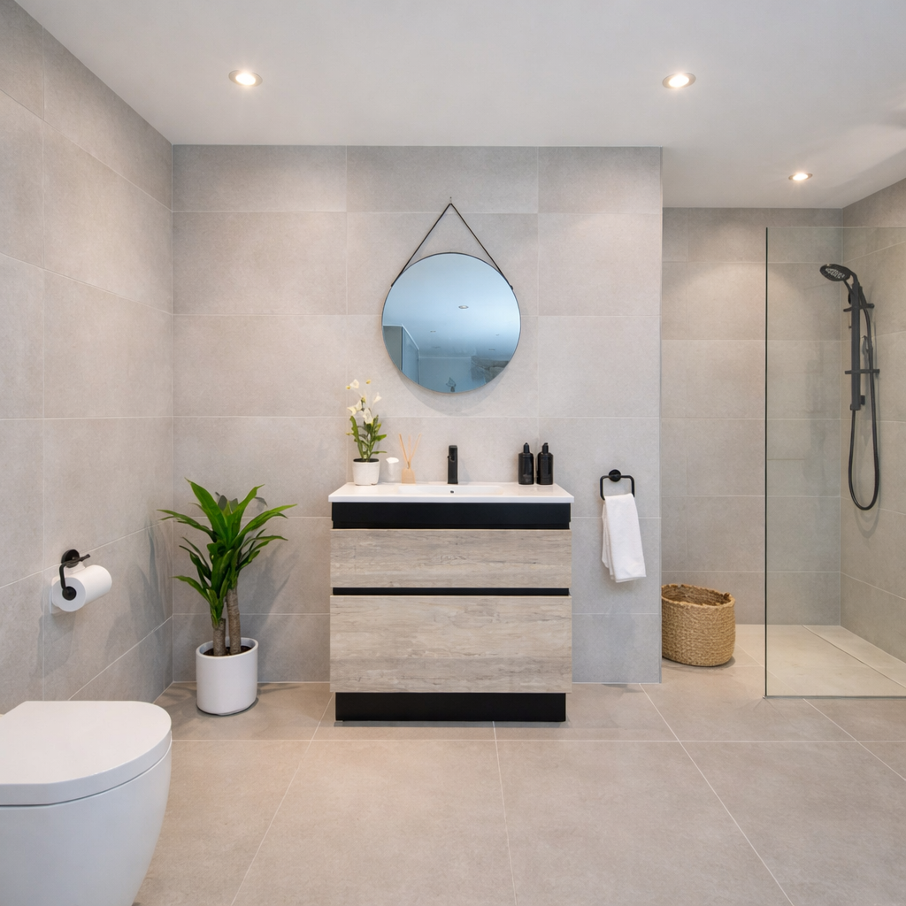 VALENTINA SLIM FLOOR STANDING VANITY |BLACK AND LIGHT OAK| 600MM | PLYWOOD WITH CERAMIC TOP