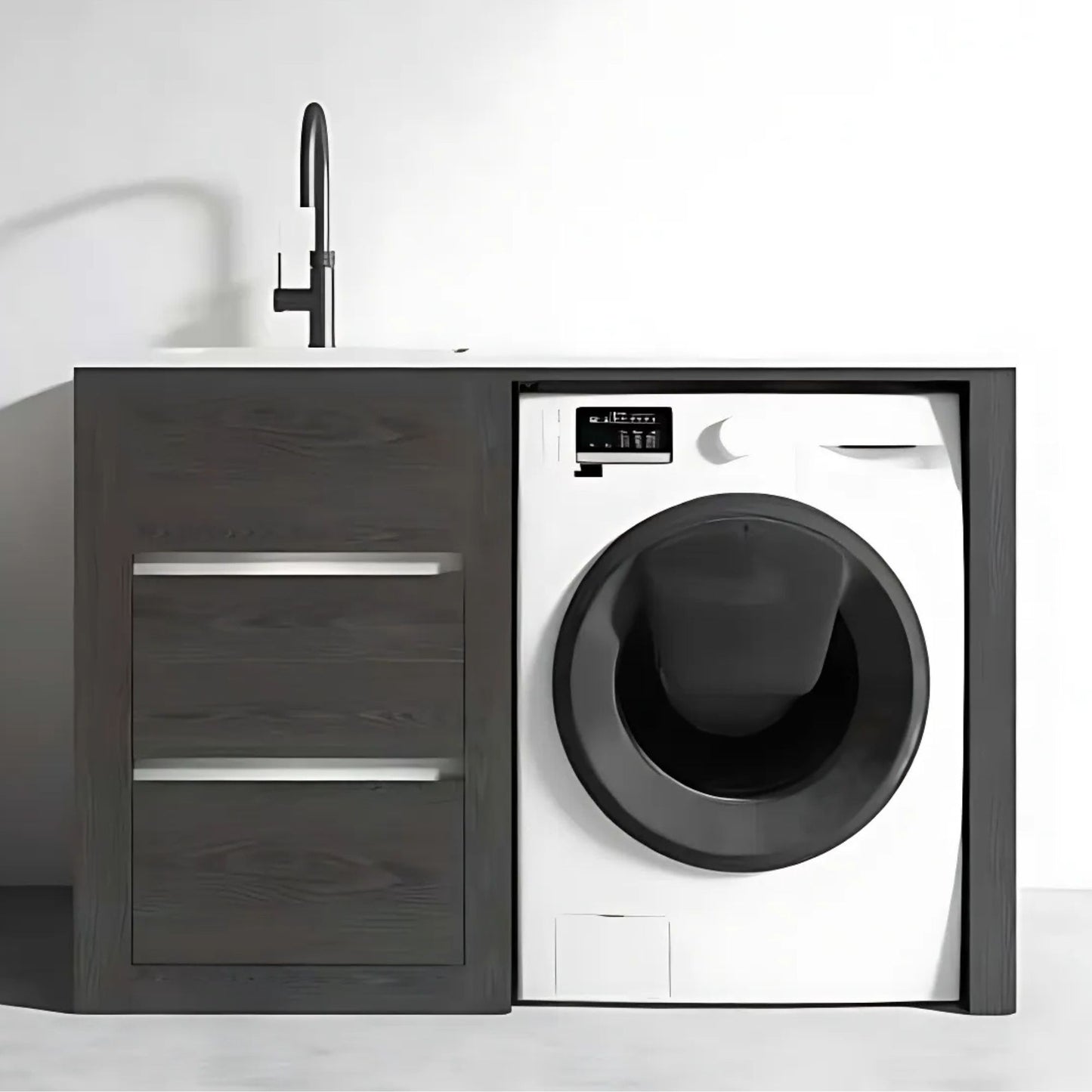 1300MM CHARRED ASH PLYWOOD LAUNDRY STATION | STONE BENCHTOP | STAINLESS STEEL SINK