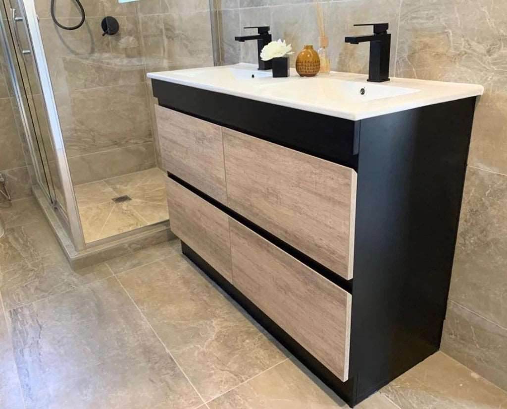 1200MM POLO BLACK AND LIGHT OAK FREESTANDING VANITY DOUBLE BASIN - The Tile Collection™