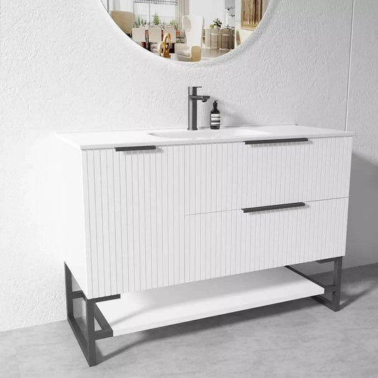 1200MM FLUTED WHITE PLYWOOD FLOORSTANDING VANITY WITH SINGLE BASIN CERAMIC TOP - The Tile Collection™