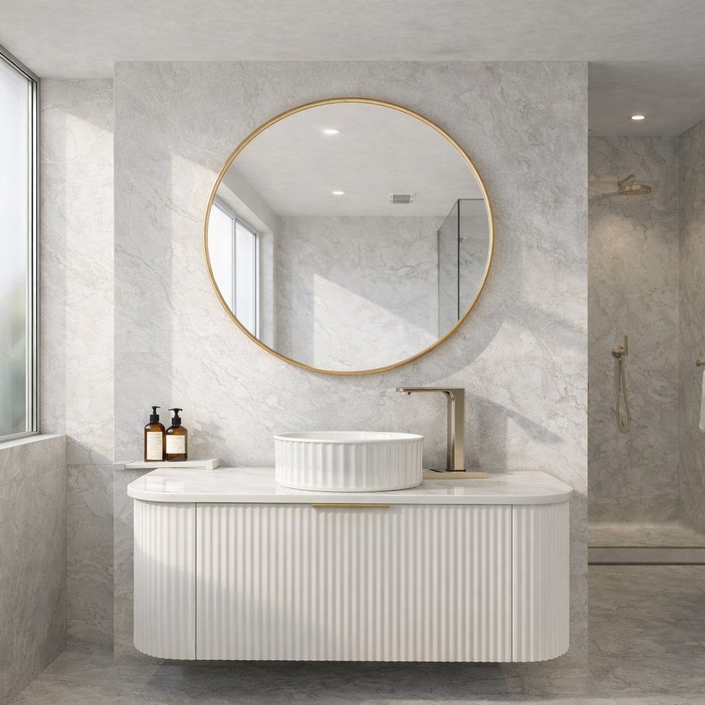 Fluted Floating Vanity Matt White 1200mm with Marble Benchtop | Bathroom Vanity NZ