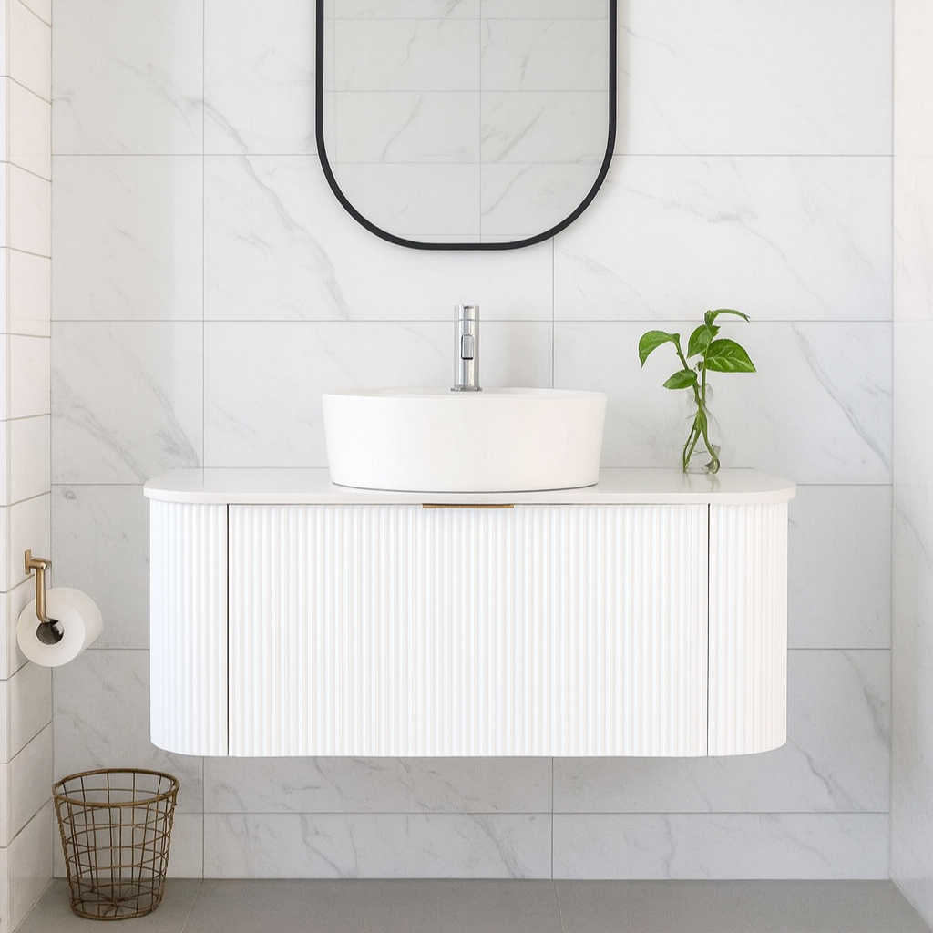 Linea Curved Fluted Vanity 1200mm - Matt White | Marble Benchtop, Bathroom Vanity NZ