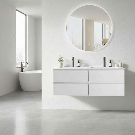 A gloss white plywood wall hung vanity featuring four drawers and double basin configuration,