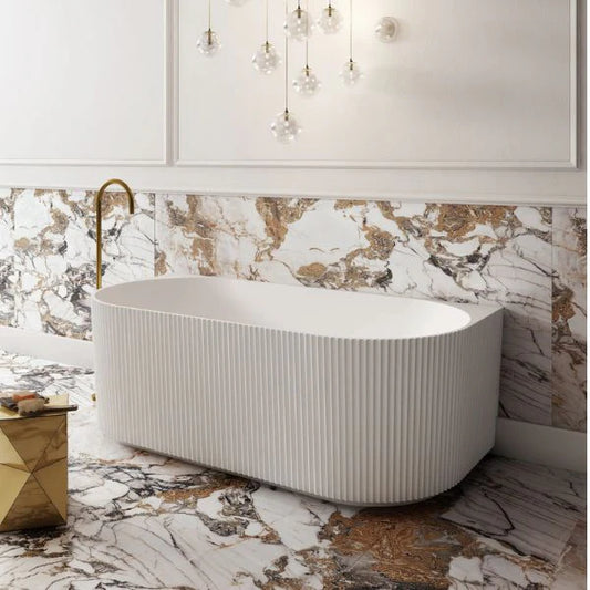 1500MM ZEPHYR FLUTTED V-GROVE FREESTANDING BACK TO WALL BATH - MATTE WHITE - The Tile Collection™