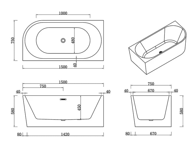 1500MM LEFT CORNER BACK TO WALL BATH (ONLINE ONLY)