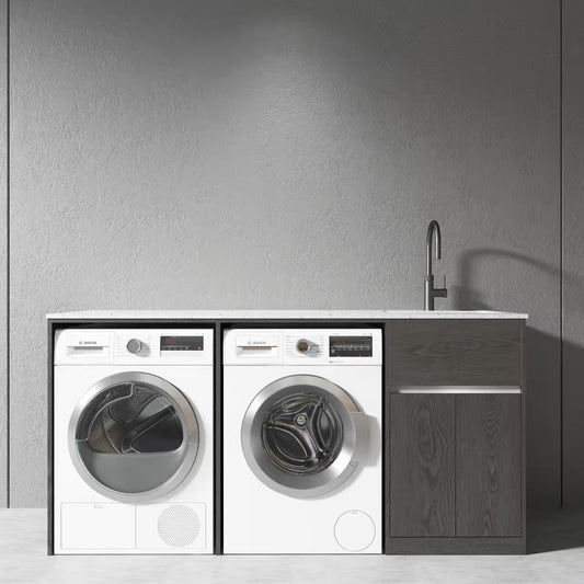 1800MM PLYWOOD LAUNDRY STATION - CHARRED ASH | STONE BENCHTOP | STAINLESS STEEL SINK