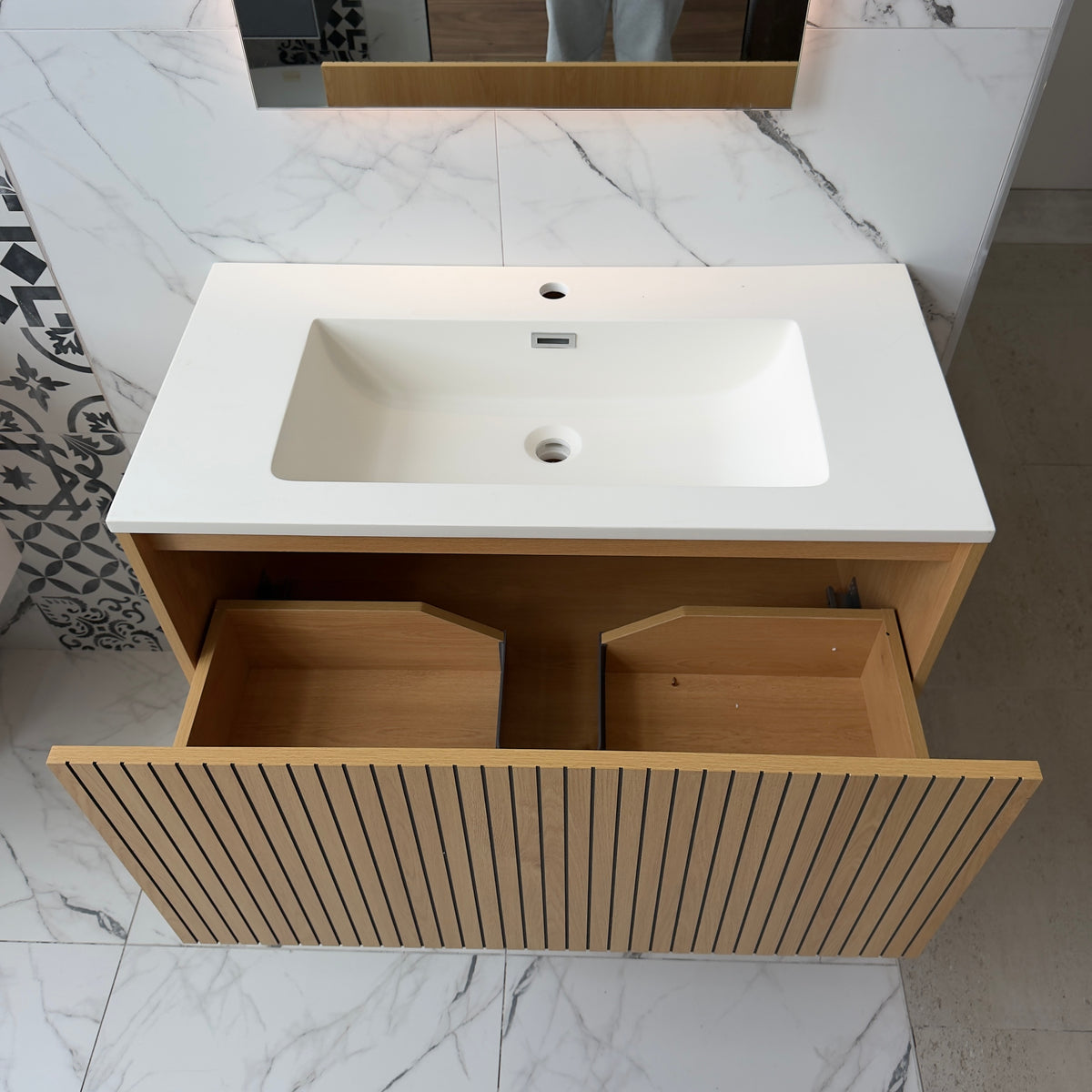 NORDI 900MM WALL HUNG FLUTED OAK VANITY | SINGLE DRAWER