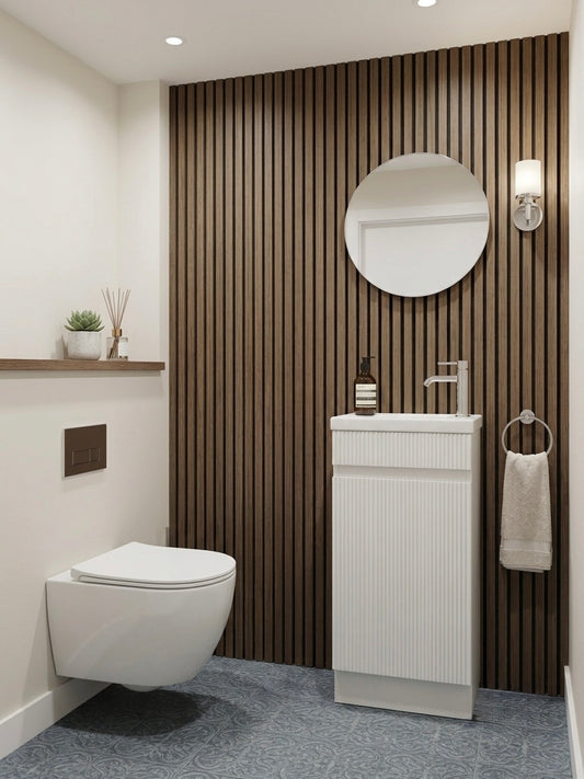 EM40 400MM FLUTED GLOSS WHITE PLYWOOD FLOORSTANDING VANITY WITH CERAMIC TOP