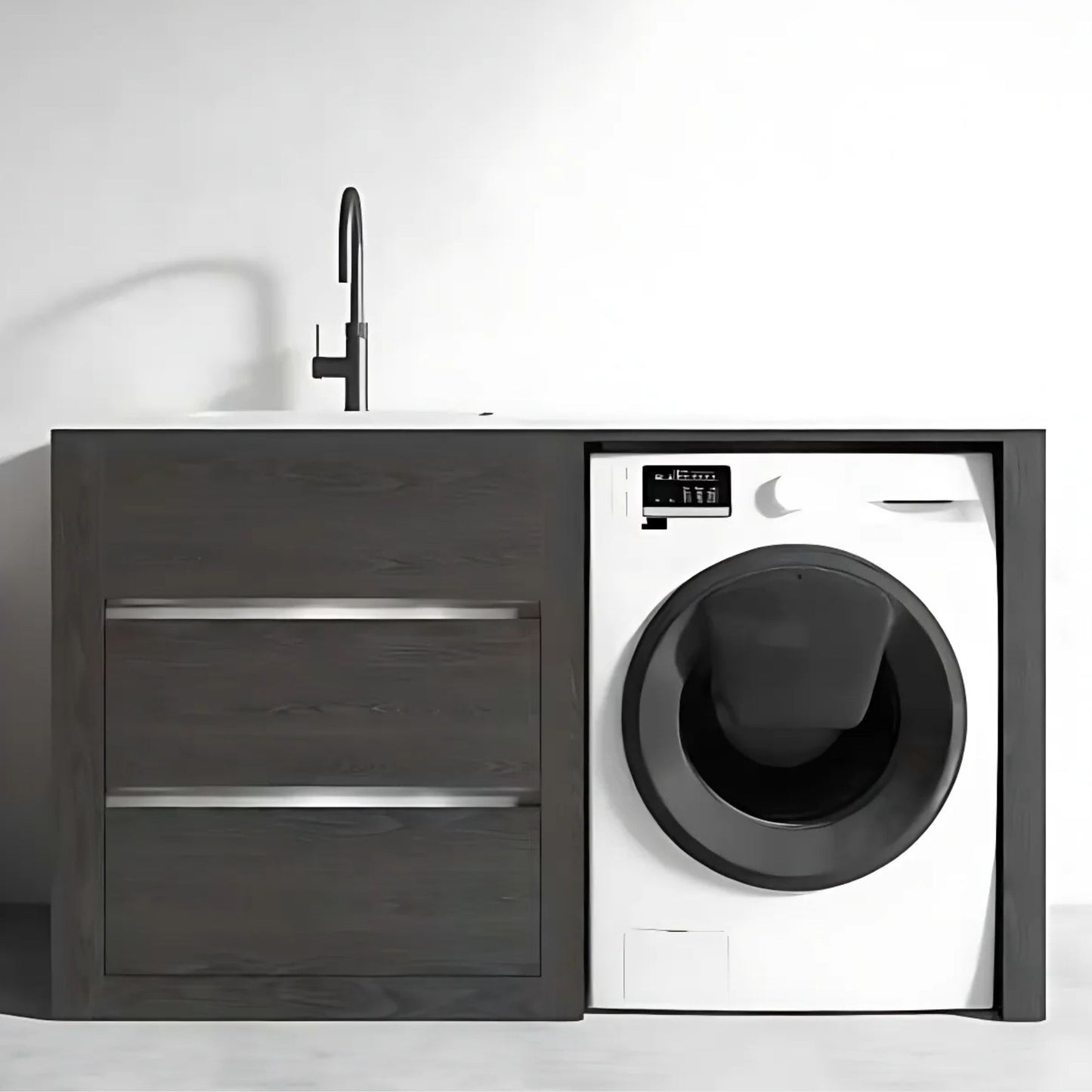 1500MM CHARRED ASH PLYWOOD LAUNDRY STATION | STONE BENCHTOP | STAINLESS STEEL SINK - The Tile Collection™