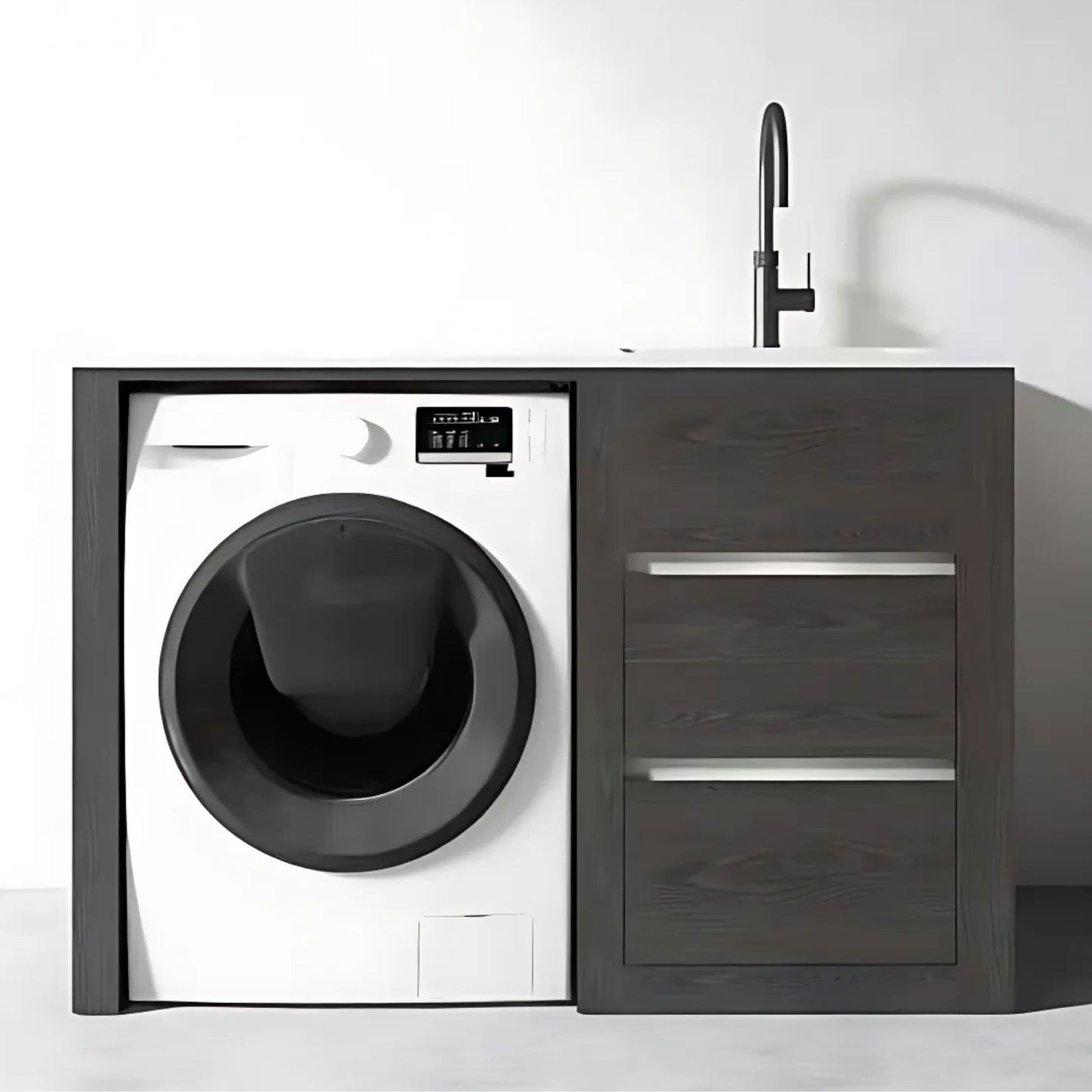 1300MM CHARRED ASH PLYWOOD LAUNDRY STATION | STONE BENCHTOP | STAINLESS STEEL SINK - The Tile Collection™