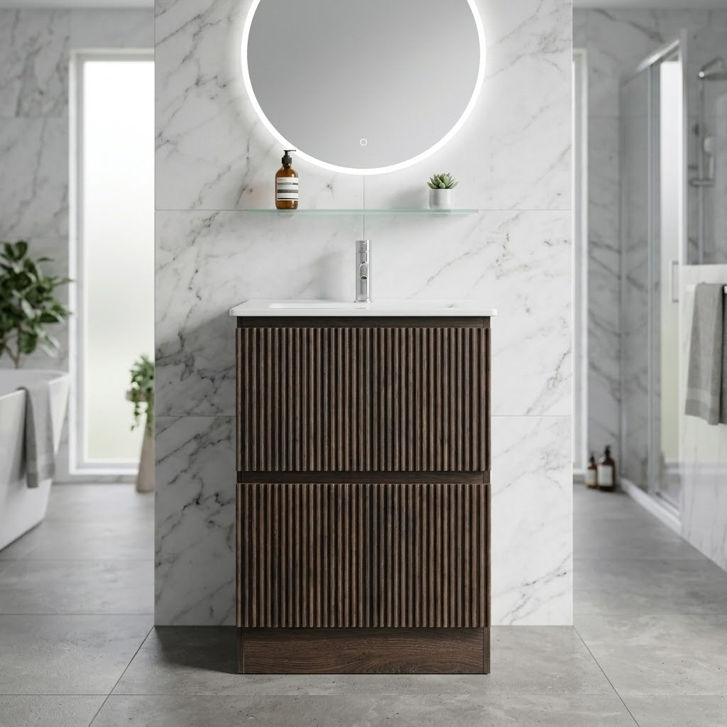 MS60 600MM FLOOR STANDING VANITY - DARK BROWN OAK, FLUTED FRONT