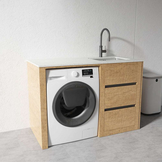 1300MM PLYWOOD LAUNDRY STATION | HONEY OAK | STONE BENCTOP | STAINLESS STEEL SINK - The Tile Collection™