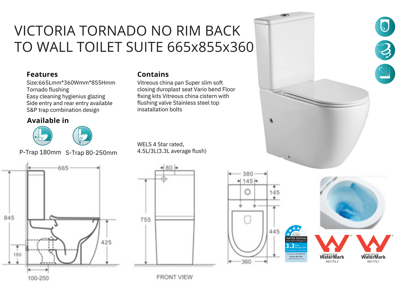 VICTORIA ZERO RIM TORNADO BACK TO WALL TOILET SUITE 665X360X855 - The Tile Collection™