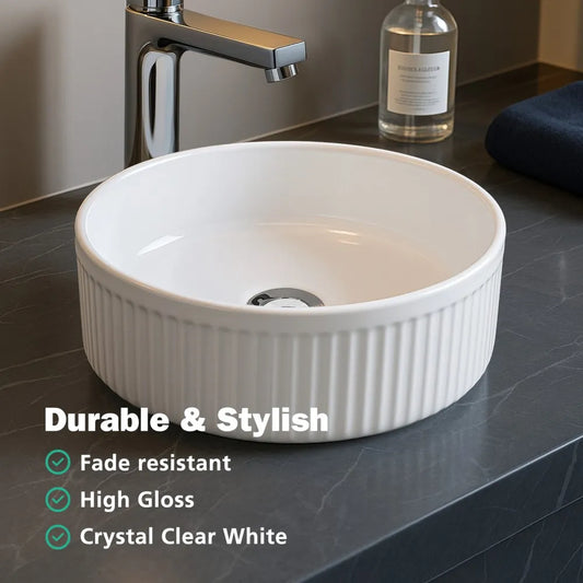 370MM FLUTED ROUND CERAMIC BASIN - GLOSS WHITE | COUNTERTOP BASIN NZ