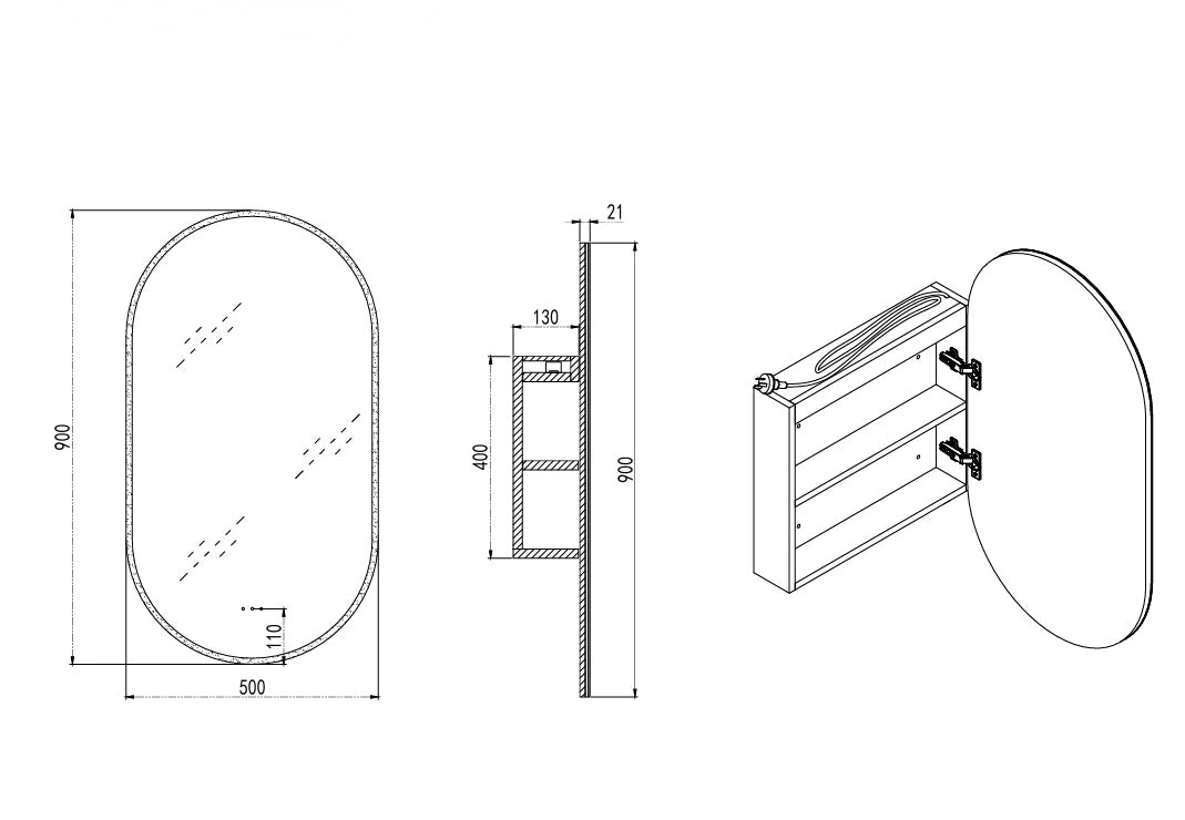 CLEARANCE OVAL LED MIRROR CABINET DN | IR WAVE SENSOR | 3-COLOUR LIGHT | DEMISTER | MATTE WHITE