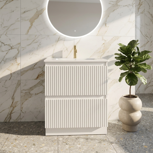 600MM SLIM FLUTED WHITE FLOORSTANDING BATHROOM VANITY UNIT WITH BASIN
