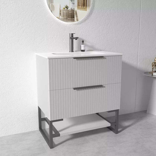 750MM FLUTED GREY FLOORSTANDING PLYWOOD VANITY WITH CERAMIC TOP - The Tile Collection™