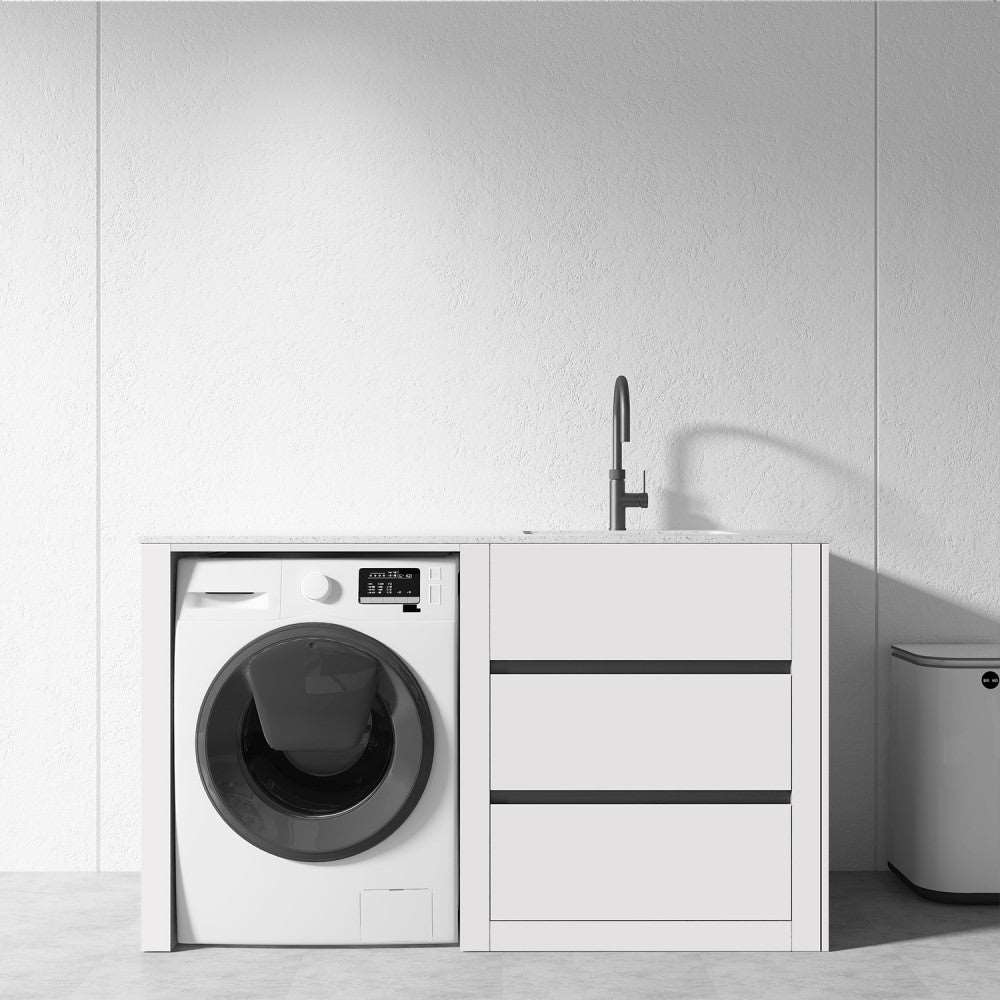 1300MM WHITE PLYWOOD LAUNDRY STATION | STONE BENCHTOP | STAINLESS STEEL SINK - The Tile Collection™