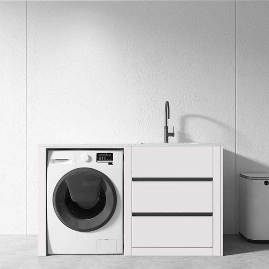 1500MM WHITE PLYWOOD LAUNDRY STATION | STONE BENCHTOP | STAINLESS STEEL SINK - The Tile Collection™