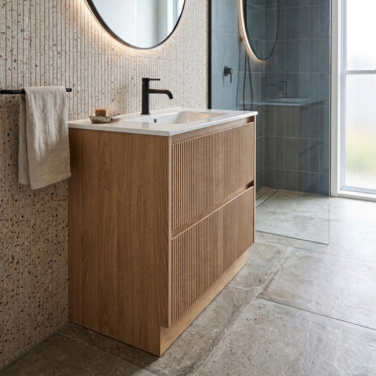 Bathroom with wooden vanity, sink, and towel