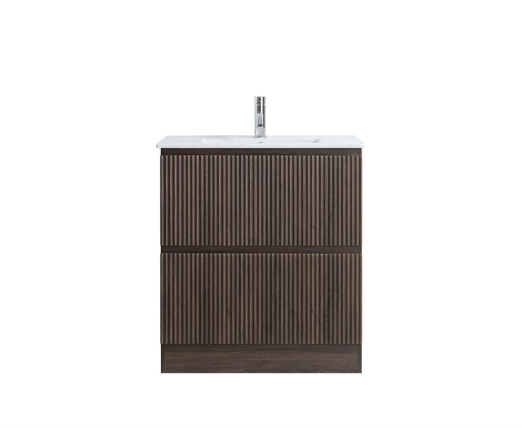 750MM FLOOR STANDING VANITY - DARK BROWN OAK, FLUTED FRONT