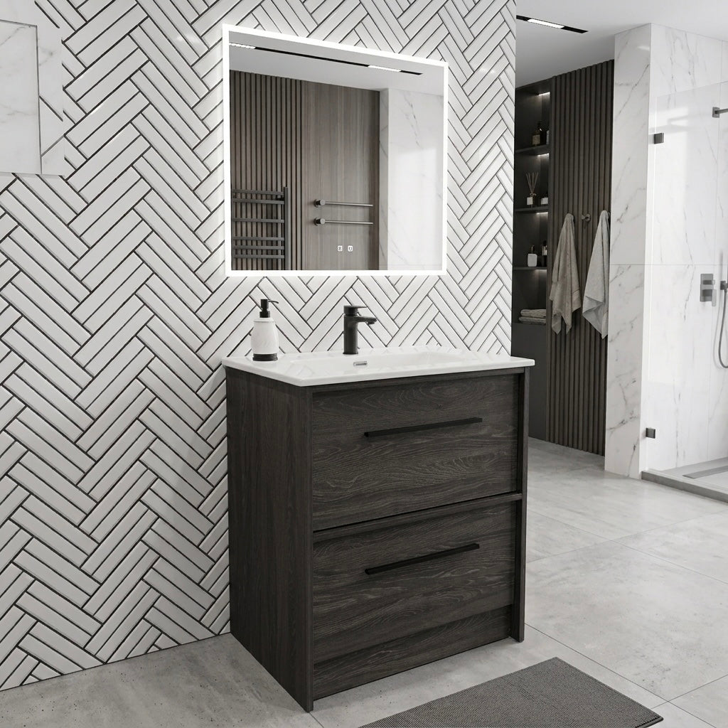 EMBER FLOOR STANDING VANITY 750MM - CHARRED ASH | 2 DRAWERS WITH CERAMIC BASIN