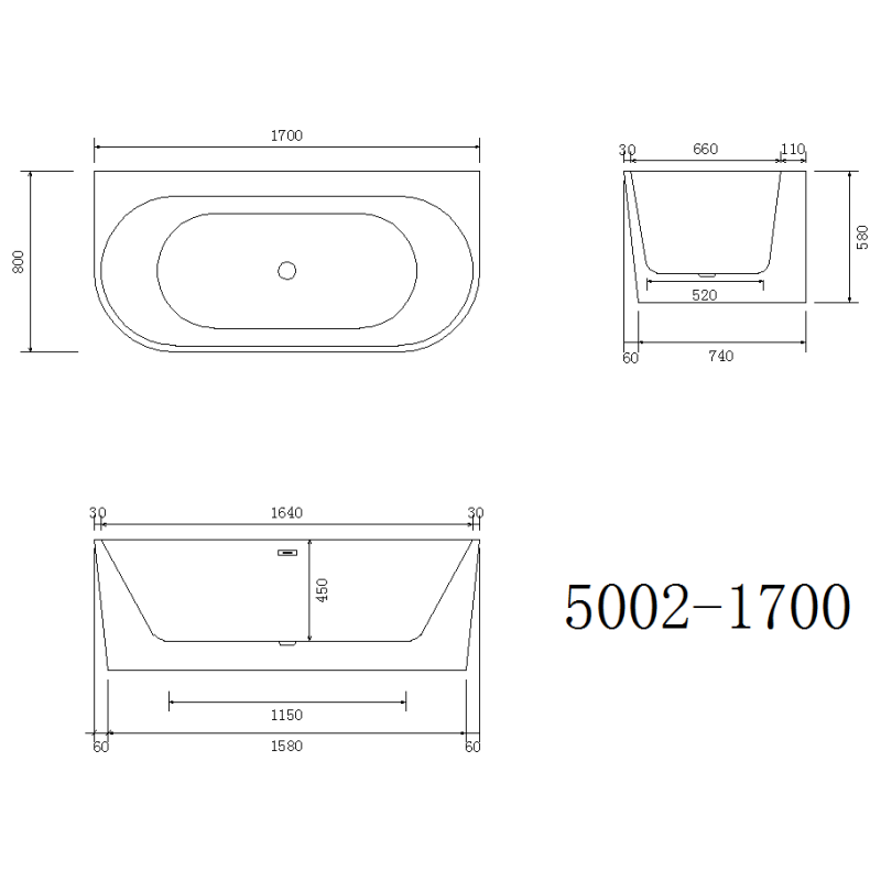 1700MM ZEPHYR OVAL SHAPE FREESTANDING BACK TO WALL BATH DN - The Tile Collection™