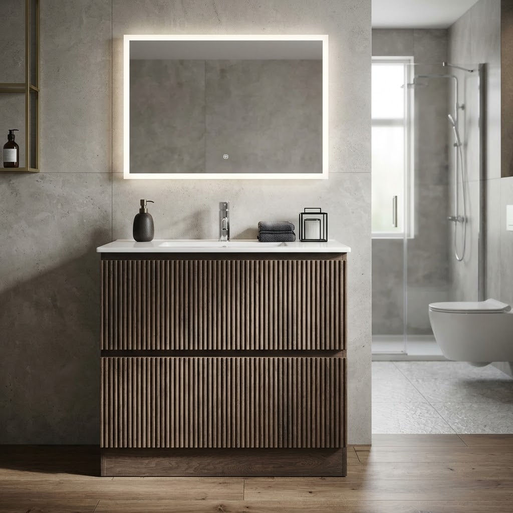 MS90 900MM FLOOR STANDING VANITY - DARK BROWN OAK, FLUTED FRONT