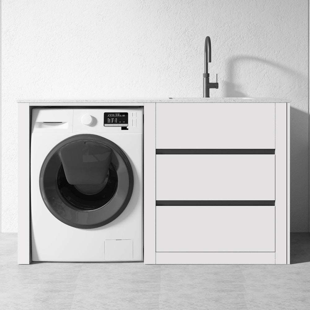 1300MM WHITE PLYWOOD LAUNDRY STATION | STONE BENCHTOP | STAINLESS STEEL SINK - The Tile Collection™