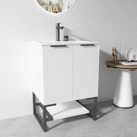 600MM FLUTED WHITE FLOORSTANDING PLYWOOD VANITY WITH CERAMIC TOP - The Tile Collection™