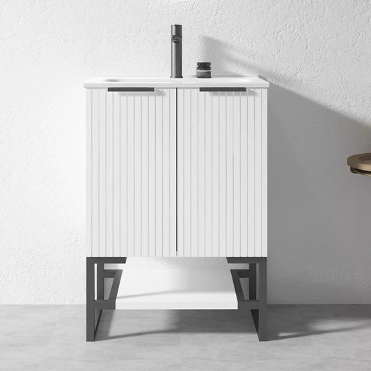 600MM FLUTED WHITE FLOORSTANDING PLYWOOD VANITY WITH CERAMIC TOP - The Tile Collection™