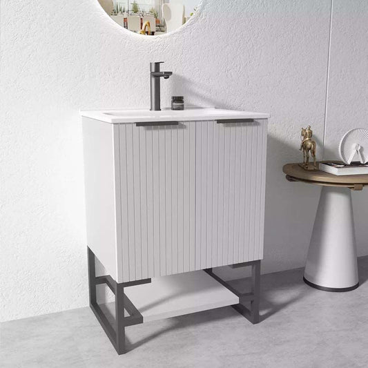 600MM FLUTED GREY PLYWOOD FLOORSTANDING VANITY WITH CERAMIC TOP - The Tile Collection™