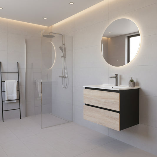 NELSON WALL HUNG VANITY | 900MM | BLACK & LIGHT OAK | PLYWOOD - The Tile Collection™
