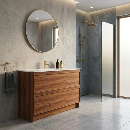 ASPEN WALNUT FLOOR STANDING VANITY 1200MM SINGLE | 2 DRAWERS WITH CERAMIC BASIN