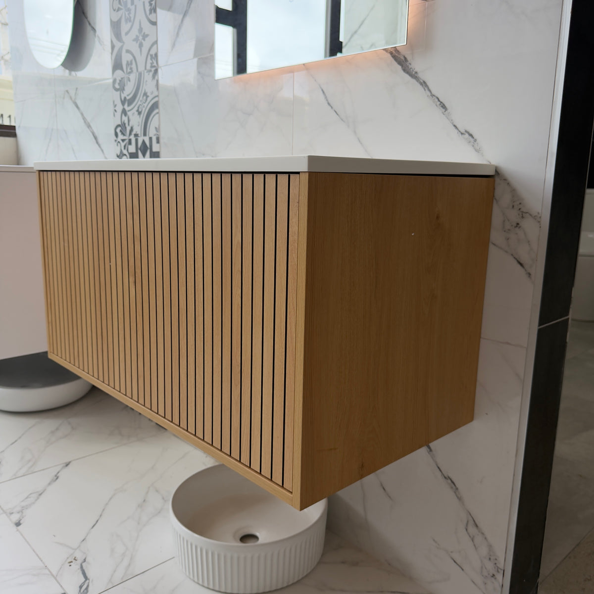 NORDI 900MM WALL HUNG FLUTED OAK VANITY | SINGLE DRAWER