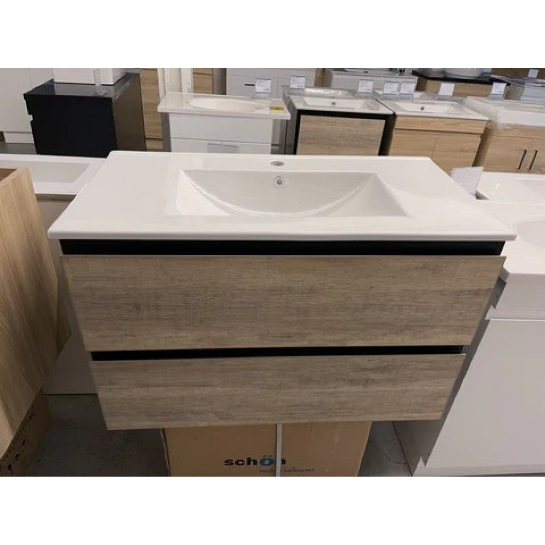 NELSON WALL HUNG VANITY | 600MM | BLACK & LIGHT OAK | PLYWOOD - The Tile Collection™