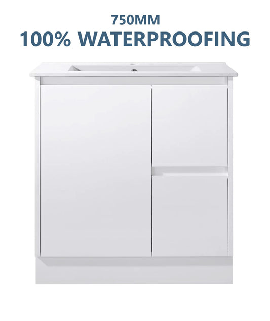 750MM GLOSS WHITE SLIM PVC 100% WATERPROOF FLOORSTANDING VANITY WITH CERAMIC TOP - The Tile Collection™