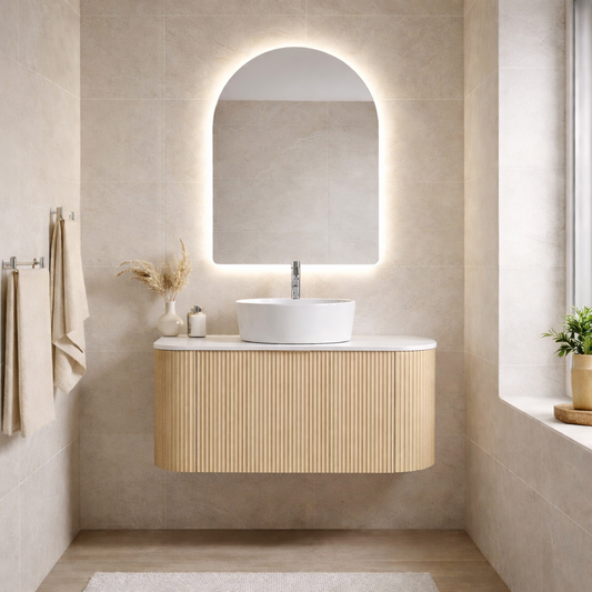 Bathroom with wooden vanity, white sink, and illuminated mirror.