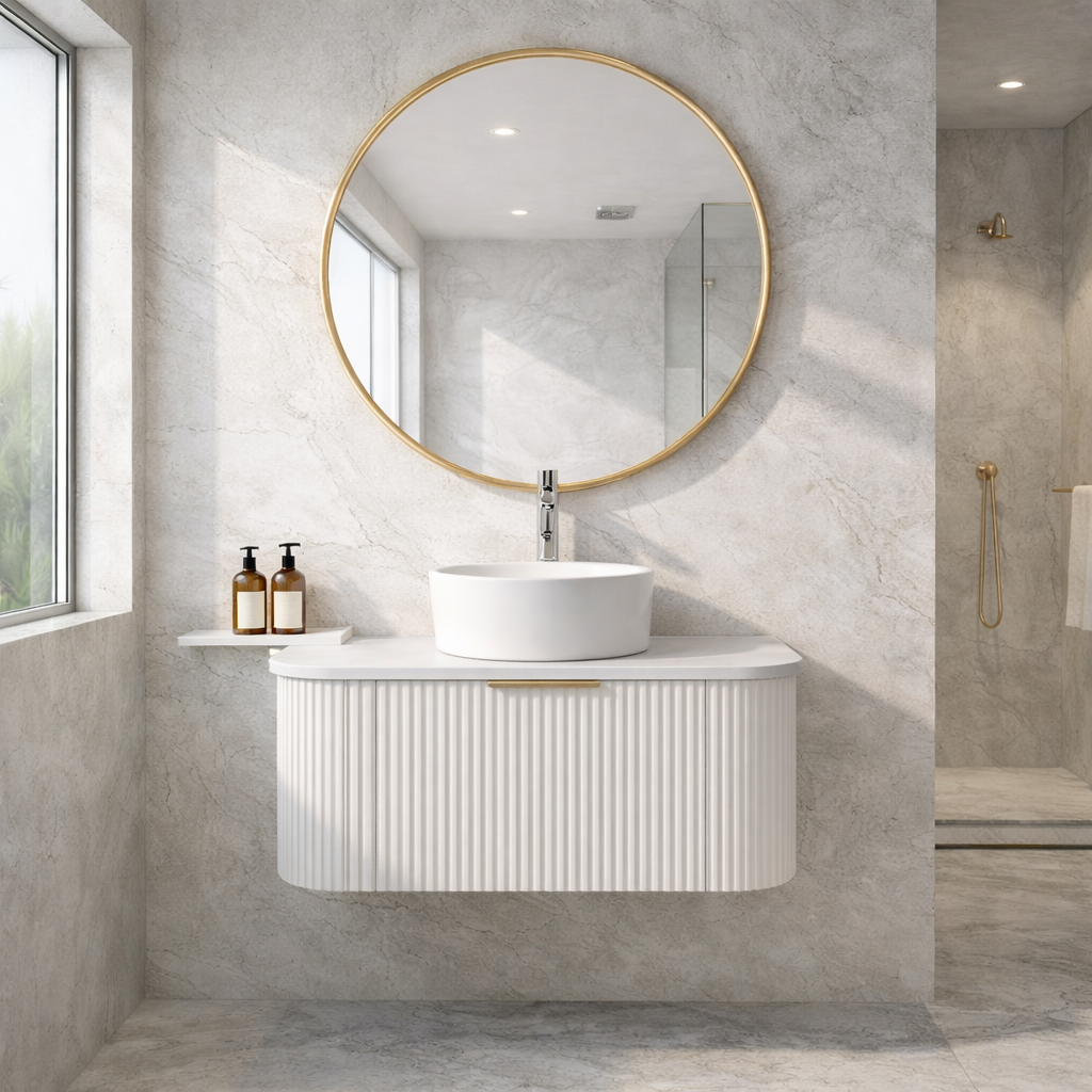 LINEA CURVED FLUTED WALL HUNG VANITY | 750MM | MATT WHITE