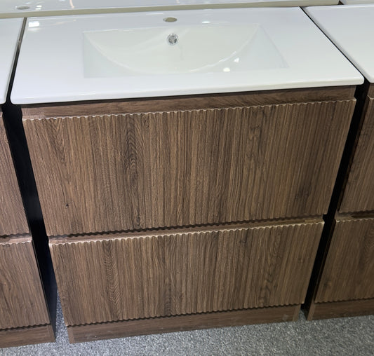 750MM FLOOR STANDING VANITY - DARK BROWN OAK, FLUTED FRONT