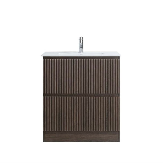 750MM FLOOR STANDING VANITY - DARK BROWN OAK, FLUTED FRONT