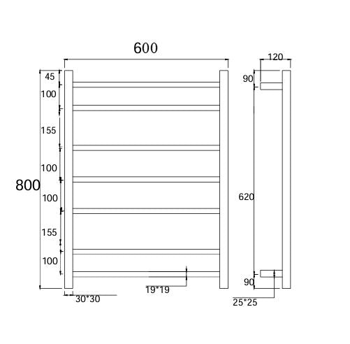 7 BAR SQUARE HEATED TOWEL RAIL 600MM WIDE HTR 800H*600W- CHROME - The Tile Collection™