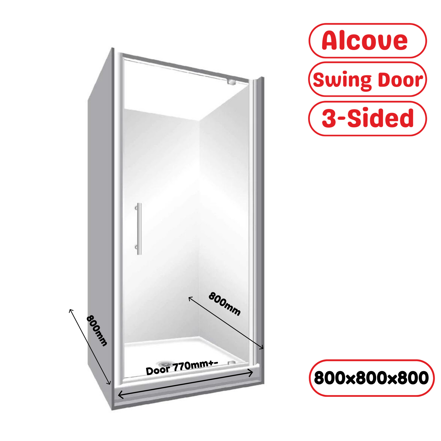 800x800x800MM ALCOVE 3 SIDED SHOWER ENCLOSURE WITH SWING DOOR - CHROME - The Tile Collection™