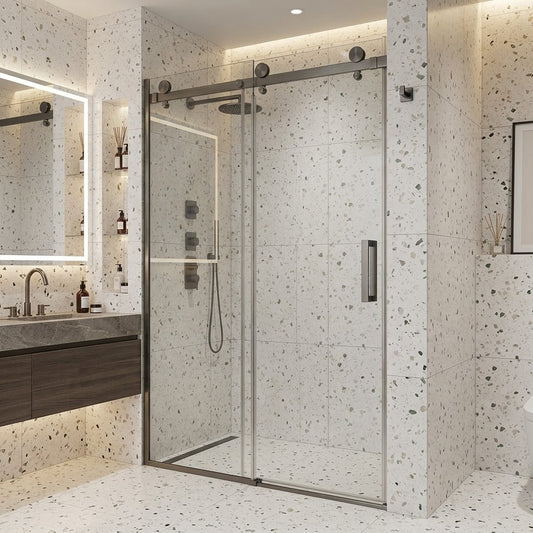 1400MM ALCOVE FRAMELESS SLIDING SHOWER DOOR GLASS- BRUSHED GUNMETAL
