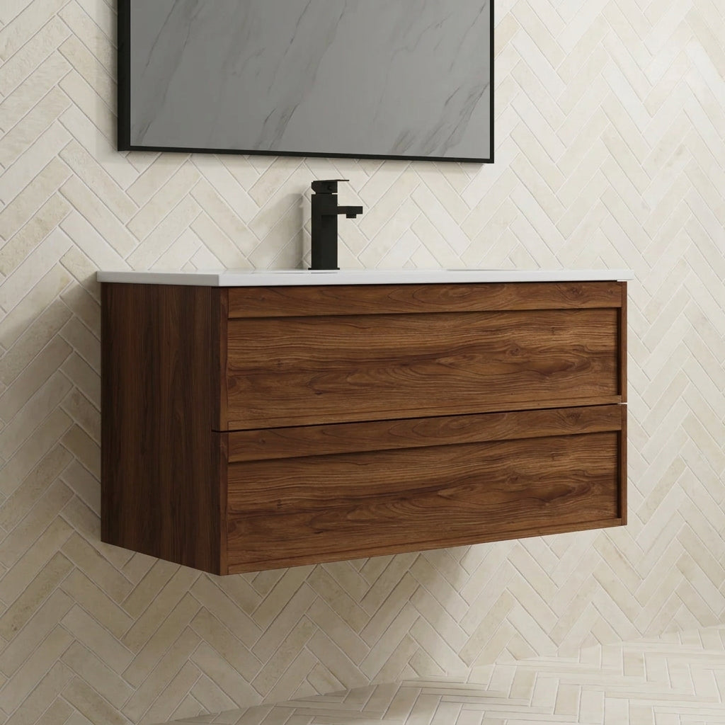ASPEN 900MM WALNUT WALL HUNG VANITY WITH 2 DRAWERS AND CERAMIC BASIN