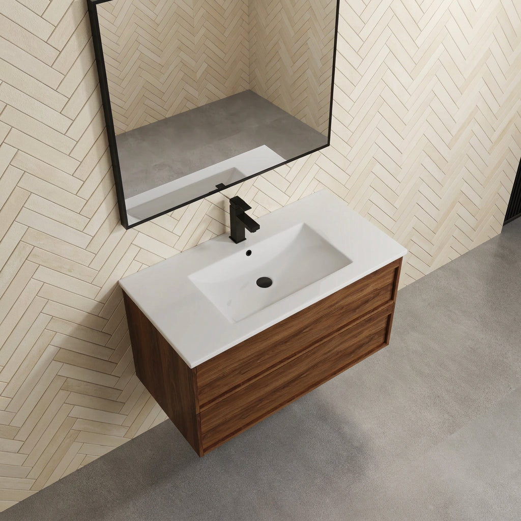 ASPEN 900MM WALNUT WALL HUNG VANITY WITH 2 DRAWERS AND CERAMIC BASIN