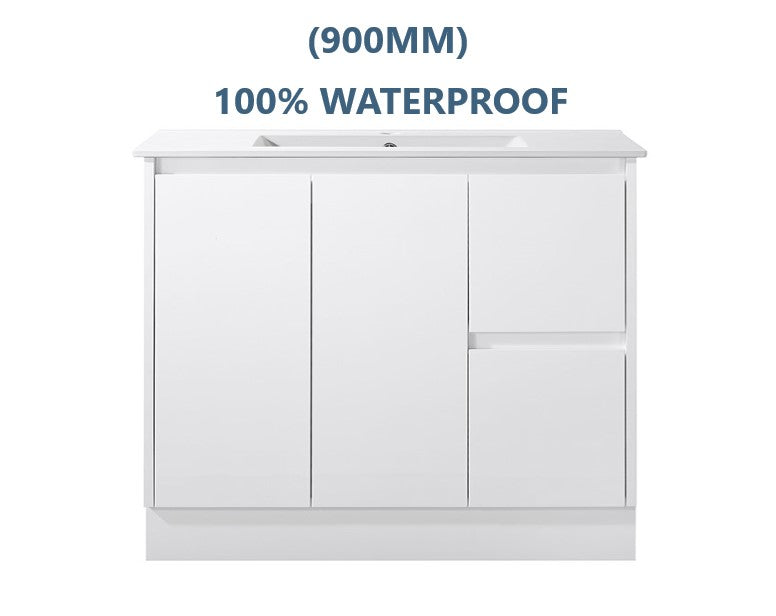 900MM GLOSS WHITE PVC FLOORSTANDING VANITY 100% WATERPROOF WITH CERAMIC TOP - The Tile Collection™