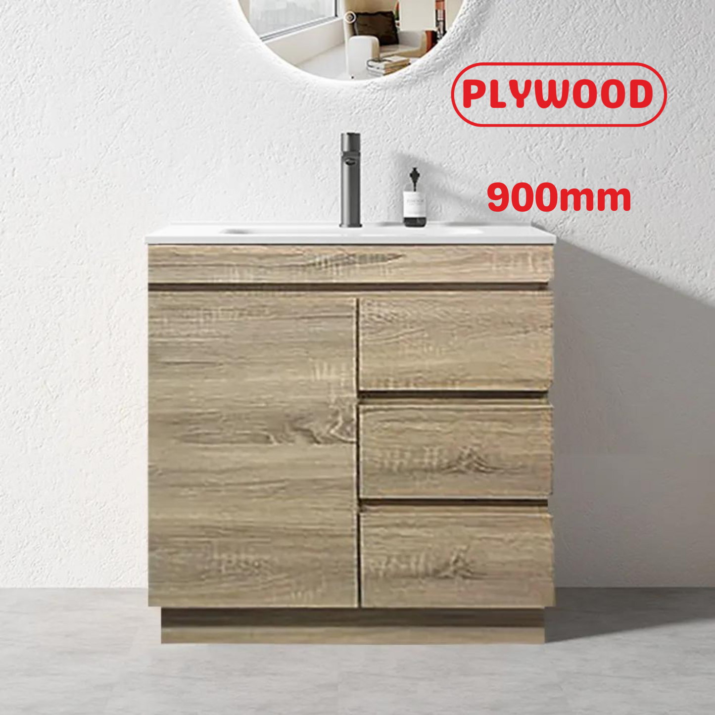 900MM MADRID LIGHT OAK PLYWOOD FLOORSTANDING VANITY WITH CERAMIC TOP - The Tile Collection™